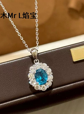 s925纯银精工海蓝白蓝钻微镶项链仿真钻椭圆鸽子蛋轻奢锁骨链女