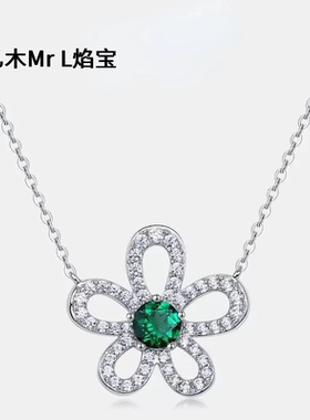 跨境专供个性花朵培育祖母绿项链S925银镶培育彩宝复古轻奢锁骨链