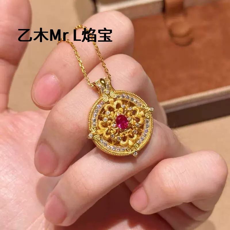 纯银S925意大利拉丝工艺鸢尾花红宝石罗盘小众颈饰轻奢闪钻项链女