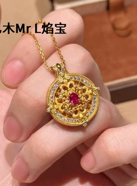 纯银S925意大利拉丝工艺鸢尾花红宝石罗盘小众颈饰轻奢闪钻项链女