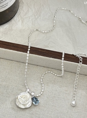 丽银韩系银白色项链新款丽贝丽影ins风蓝色水滴山茶花吊坠锁骨链