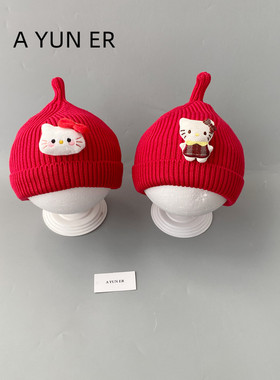 红色新年帽子秋冬季可爱喜庆婴幼儿小月龄宝宝针织毛线帽保暖防风