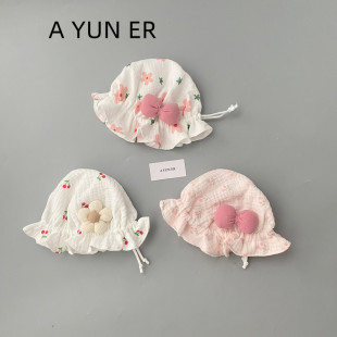 3个月可爱6新生小月龄无骨胎帽女宝宝可调节渔夫帽 婴儿帽子春秋季