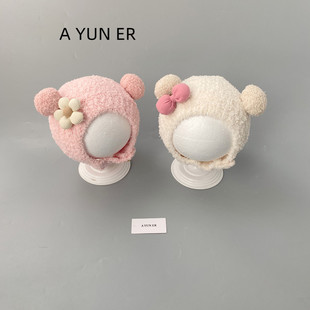 婴儿帽子秋冬季 保暖加厚针织可爱毛绒帽男女宝宝小月龄护耳包脸帽