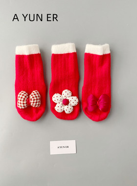 婴儿袜子宝宝红色新年秋冬保暖学步新生幼儿袜中筒加绒加厚地板袜