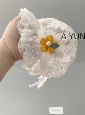 婴儿帽子春夏透气蕾丝花边遮阳帽女宝宝公主宫廷帽新生婴儿防晒帽