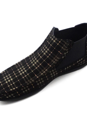 秋冬季高帮鞋男潮时尚磨砂牛皮格纹休闲鞋男真皮套脚百搭英伦男鞋