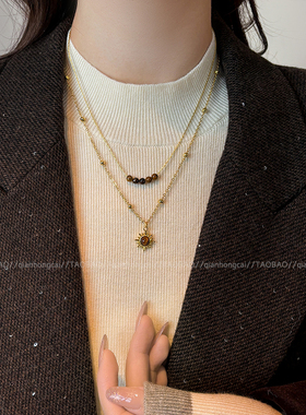 金色太阳花虎眼石叠戴项链女配饰