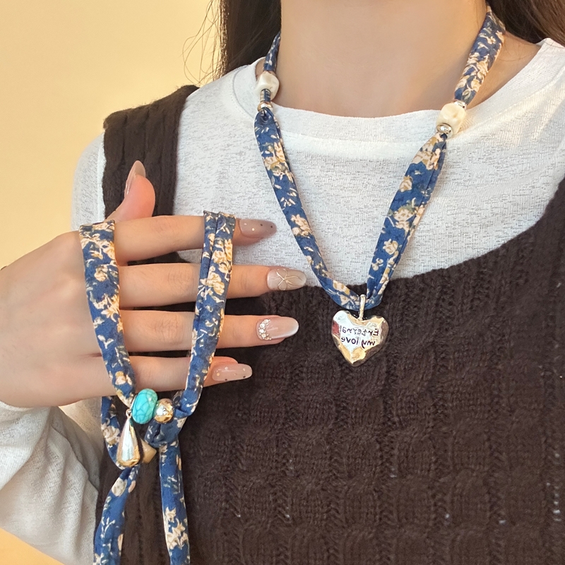 深蓝色碎花丝巾项链女2025新款秋冬长款毛衣链高级感百搭时尚配饰