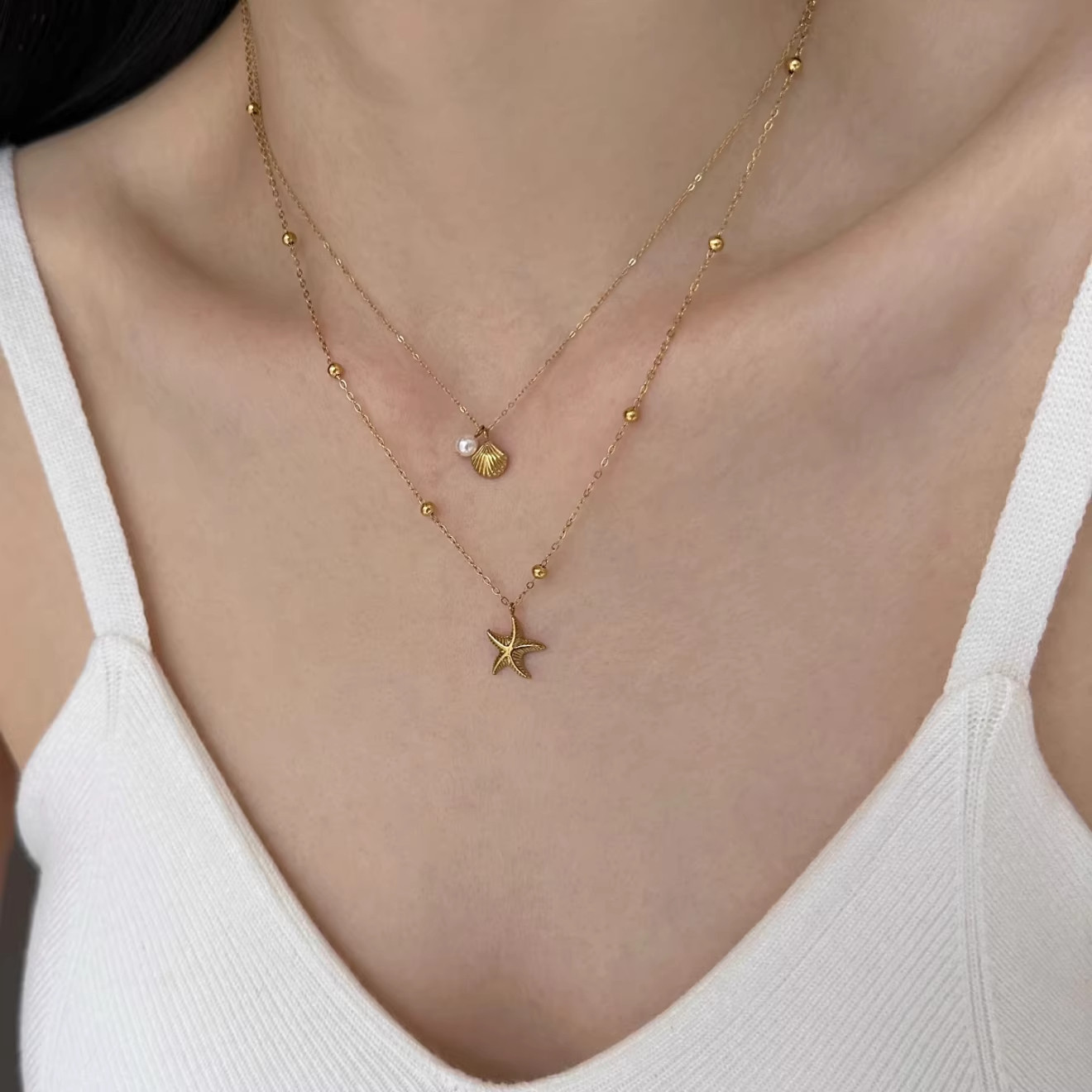 度假风双层海星贝壳项链女款2026新款小众高级感不掉色叠戴锁骨链