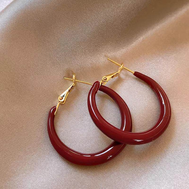 安可拉红色滴釉圆圈耳环女2024新款爆款复古轻奢时尚耳钉秋冬耳饰