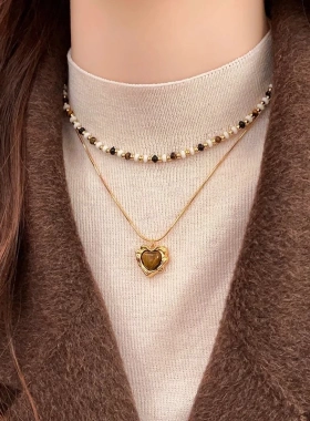 美拉德虎眼石爱心叠戴项链女新款复古轻奢小众气质秋冬毛衣链配饰