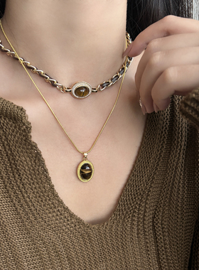 复古美拉德风虎眼石双层叠戴项链