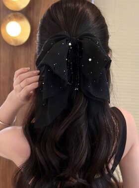 满天星网纱蝴蝶结飘带抓夹女高级感黑色发夹扎马尾夹子头饰鲨鱼夹