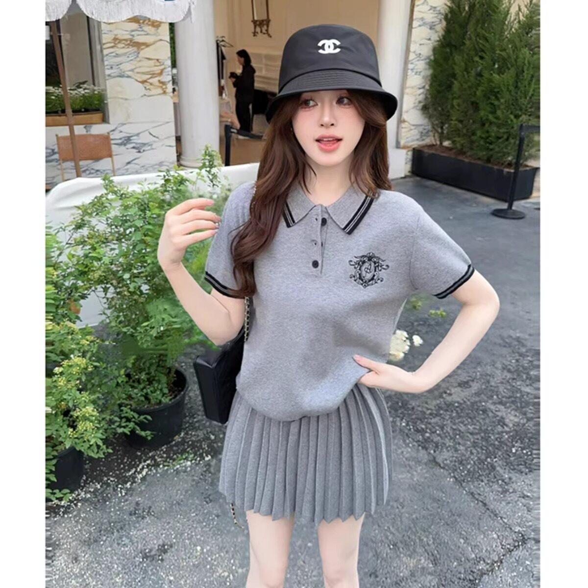 盐系少女运动服套装夏季减龄宽松polo领短袖衫时尚百褶短裙两件套