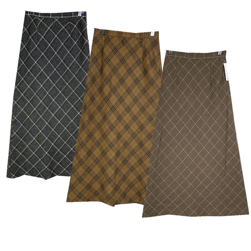 vintage复古高腰A字半身裙日本制文艺森系气质撞色格纹中长裙秋冬