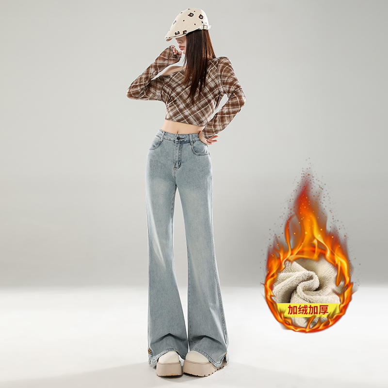 高腰加厚牛仔裤女宽松显瘦