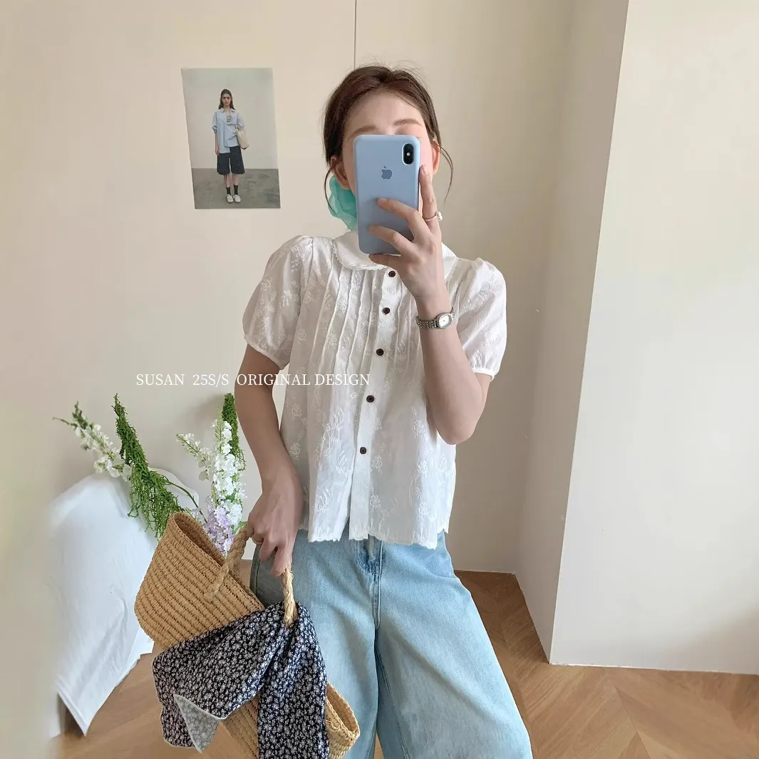 苏珊 夏季新款韩版甜美刺绣娃娃领短袖衬衫休闲百搭上衣女Q5527-1