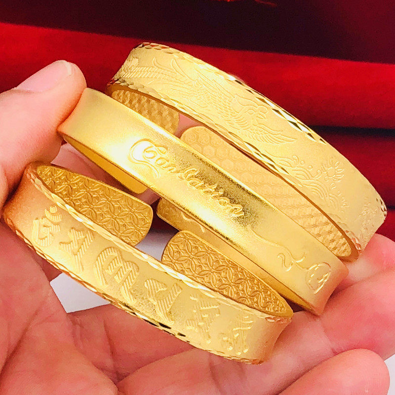 古法传承镀黄金沙金手镯女正品铜镀金康乃馨六字真言开口仿金镯子