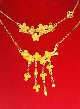 沙金项链女 铜镀金假黄金三生花套链 繁花似锦清新花朵婚庆锁骨链