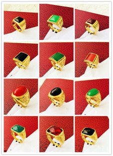 复古红绿黑宝石男戒子越南沙金镀金玛瑙马来玉戒指送父母久不掉色