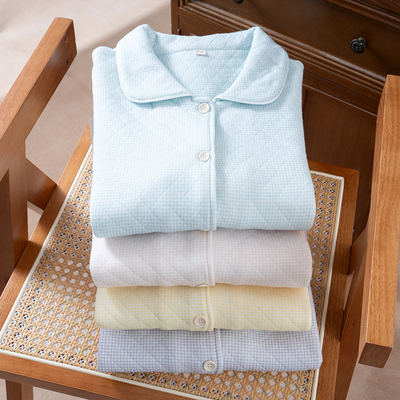 冬季四层纱加厚纯棉睡衣男女情侣翻领开衫长袖家居服套装可外穿