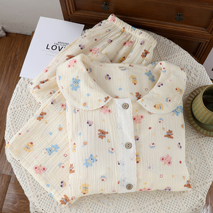 全棉胸垫款女士睡衣家居服套装双层棉纱宽松大码长袖春秋新款柔软