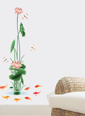 古典中国风3d立体壁贴荷花客厅玄关背景墙面装饰贴纸莲花墙壁茶楼