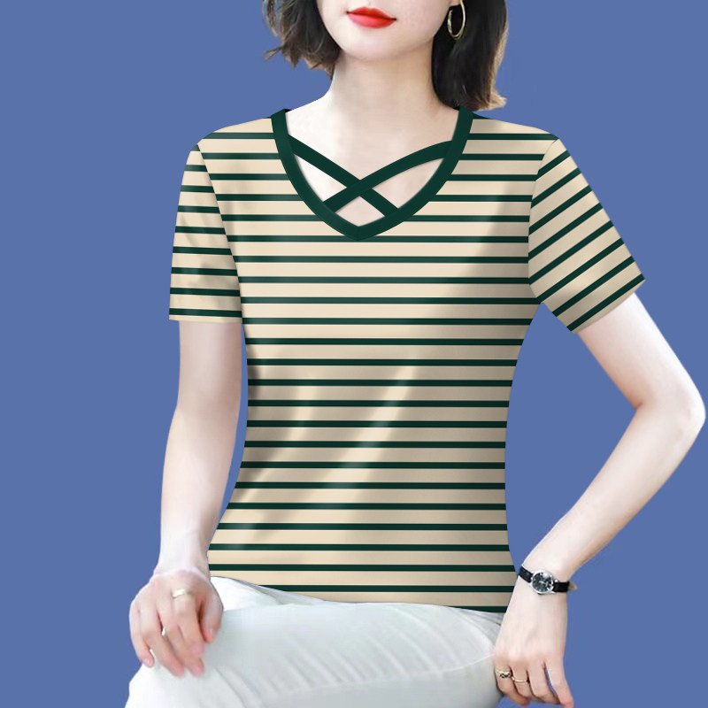 夏季2025新款大码女装韩版条纹t恤女短袖宽松妈妈洋气打底上衣服
