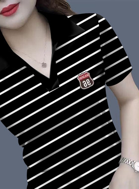 妈妈装夏季女士大码显瘦洋气条纹翻领POLO宽松大码短袖t恤上衣女