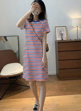 夏季显瘦中老年条纹减龄洋气连衣裙大码妈妈装时尚中长款T恤裙女