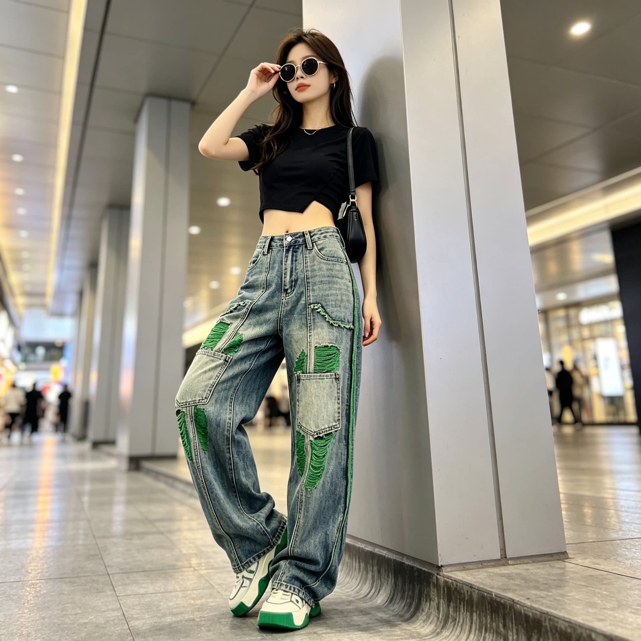 大码美式高街辣妹水洗阔腿裤新款女装宽松高腰显瘦做旧拖地牛仔裤