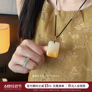 蜜蜂妈手作 原创天然黄龙玉平安无事牌吊坠项链女国风气质毛衣链
