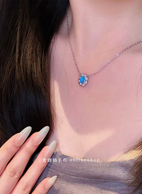 法式复古蛋面绿松石镶钻项链女