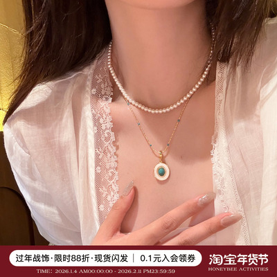 蜜蜂妈绿松石水晶珍珠项链女叠戴