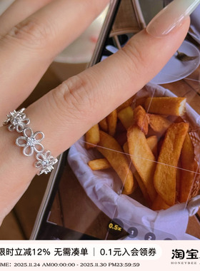 蜜蜂妈手作可调节纯银花朵戒指