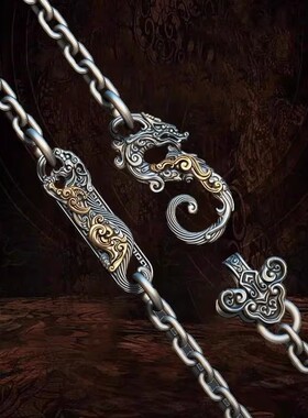 复古原创纯银项链瑞兽纹太角链男