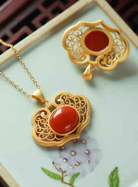 国潮花丝珐琅如意平安锁项链女生和田玉吊坠南红复古风礼物毛衣链