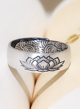 纯银戒指女999足银莲花戒指开口