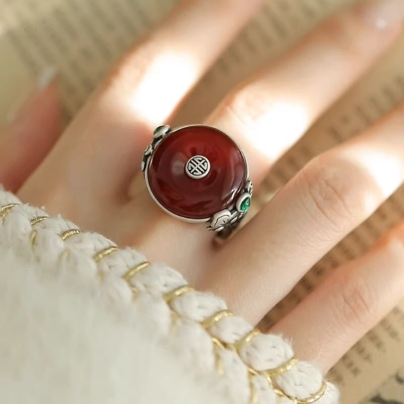 纯银复古新中式红玛瑙福字平安扣浪花戒指环开口调节小众高级感