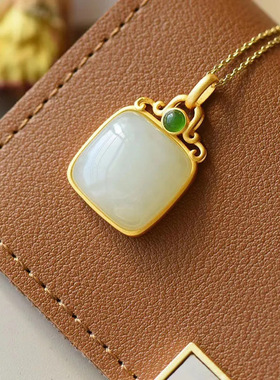 白玉古风镶古法金吊坠复古高档气质女士方块汉唐汉服古典项链