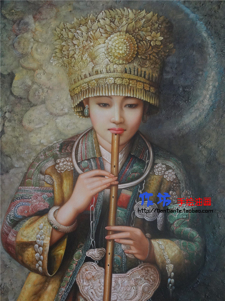 手绘油画苗族银饰少数民族艺术美女吹笛复古风格美妆玄关装饰挂画
