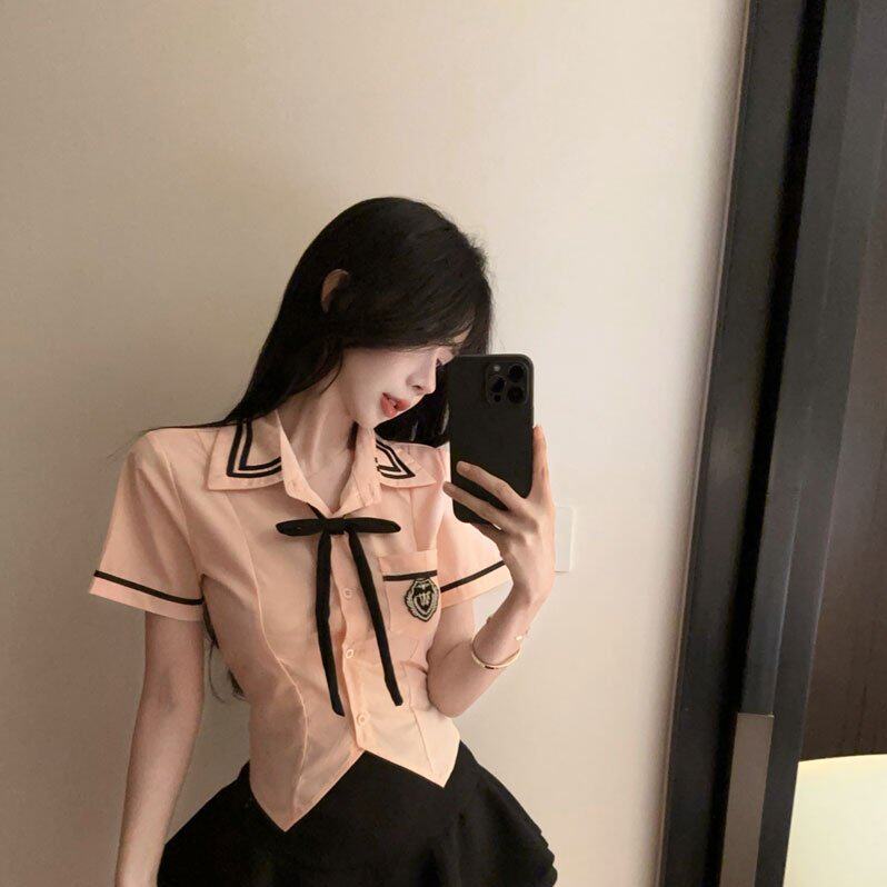学院风jk套装女修身收腰衬衫高腰蓬蓬短裙子纯欲两件套