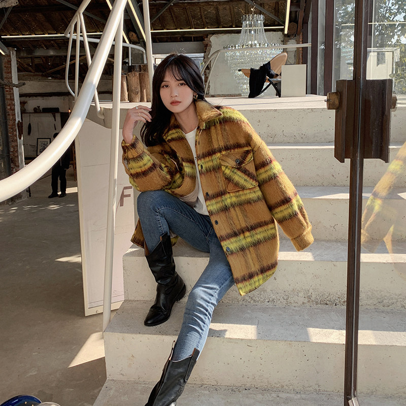 清货！韩版百搭衬衫式毛绒绒大衣羊毛格子毛呢外套女秋冬夹棉加厚