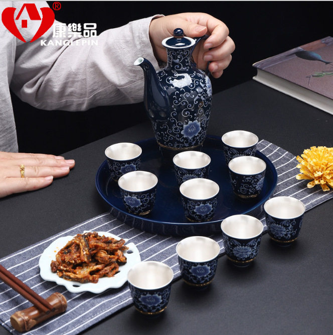 珐琅彩纯银鎏银酒杯温洒壶礼品 酒具套件