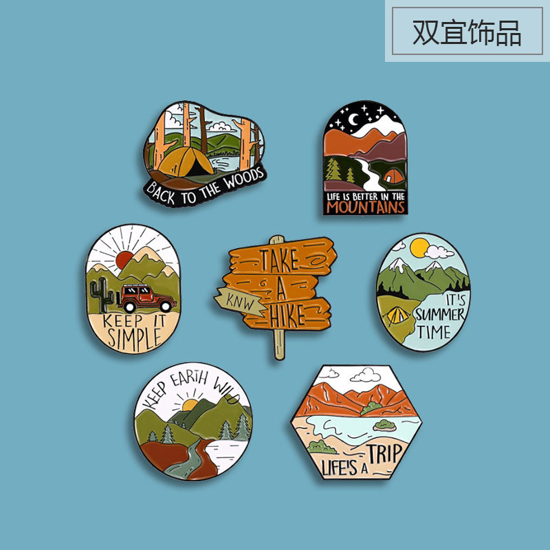 户外风徽章 山林 路牌指示日出日落野营创意背包装饰金属勋章别针