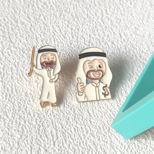 中东土豪人物徽章 白色头巾 卡塔尔白袍富翁富豪金属勋章个性别针