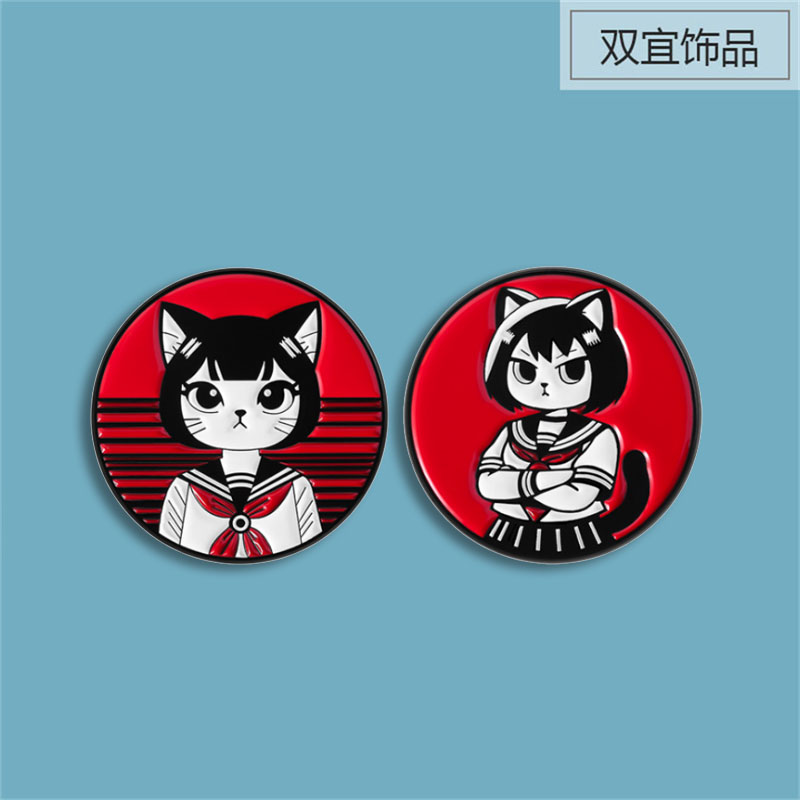 卡通猫儿少女圆形卡通胸针 日系漫画风金属勋章个性胸章别针挂饰