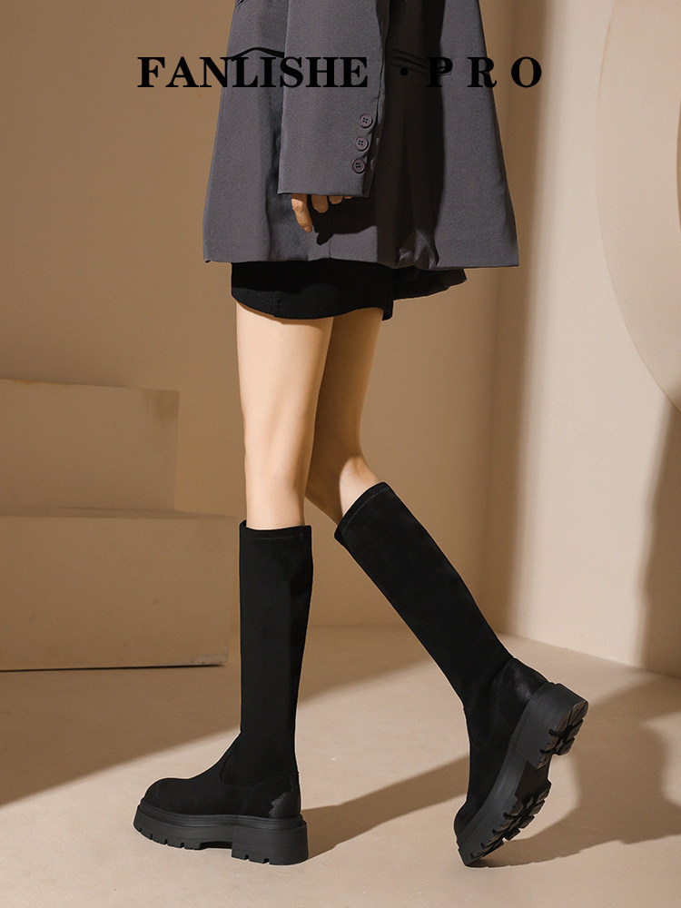FANLISHE 여성용 두꺼운 밑창 부츠 스몰 톨 스웨이드 하이탑 나이트 부츠 엘라스틱 슬림 부츠 레트로 부츠