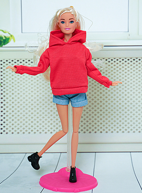 红色连帽卫衣帽衫牛仔短裤套装适合11寸 Barb 30cm女孩洋娃娃换装
